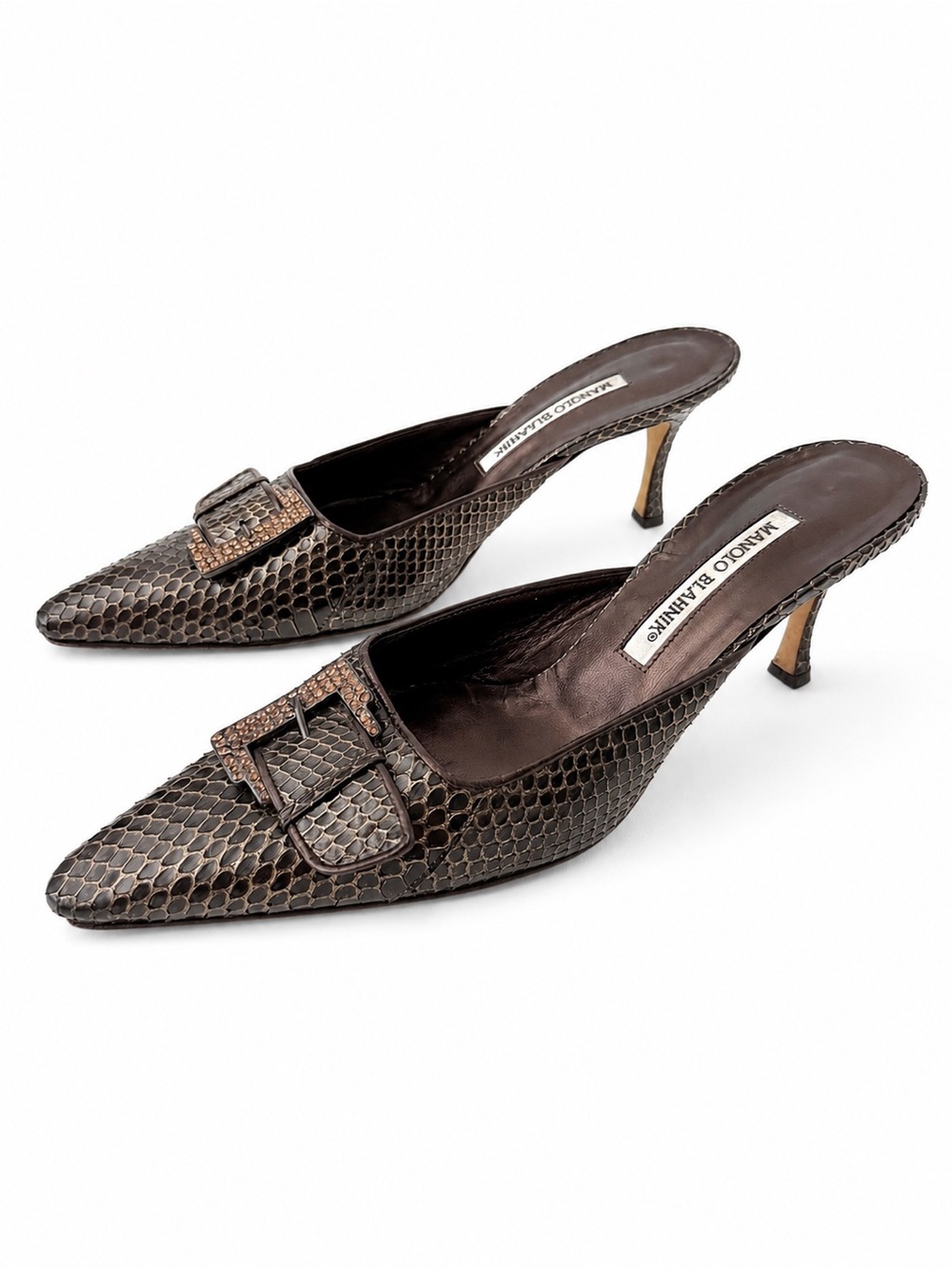 MANOLO BLAHNIK | Vintage Brown Python Snakeskin Crystal Buckle Mule Heels 39.5
